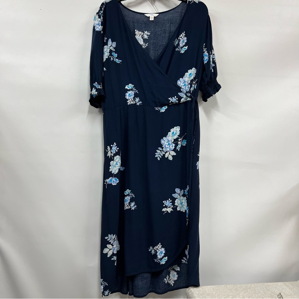 Ladies xl 16-18 Floral tie Wrap style Dress Navy Blue short sleeve